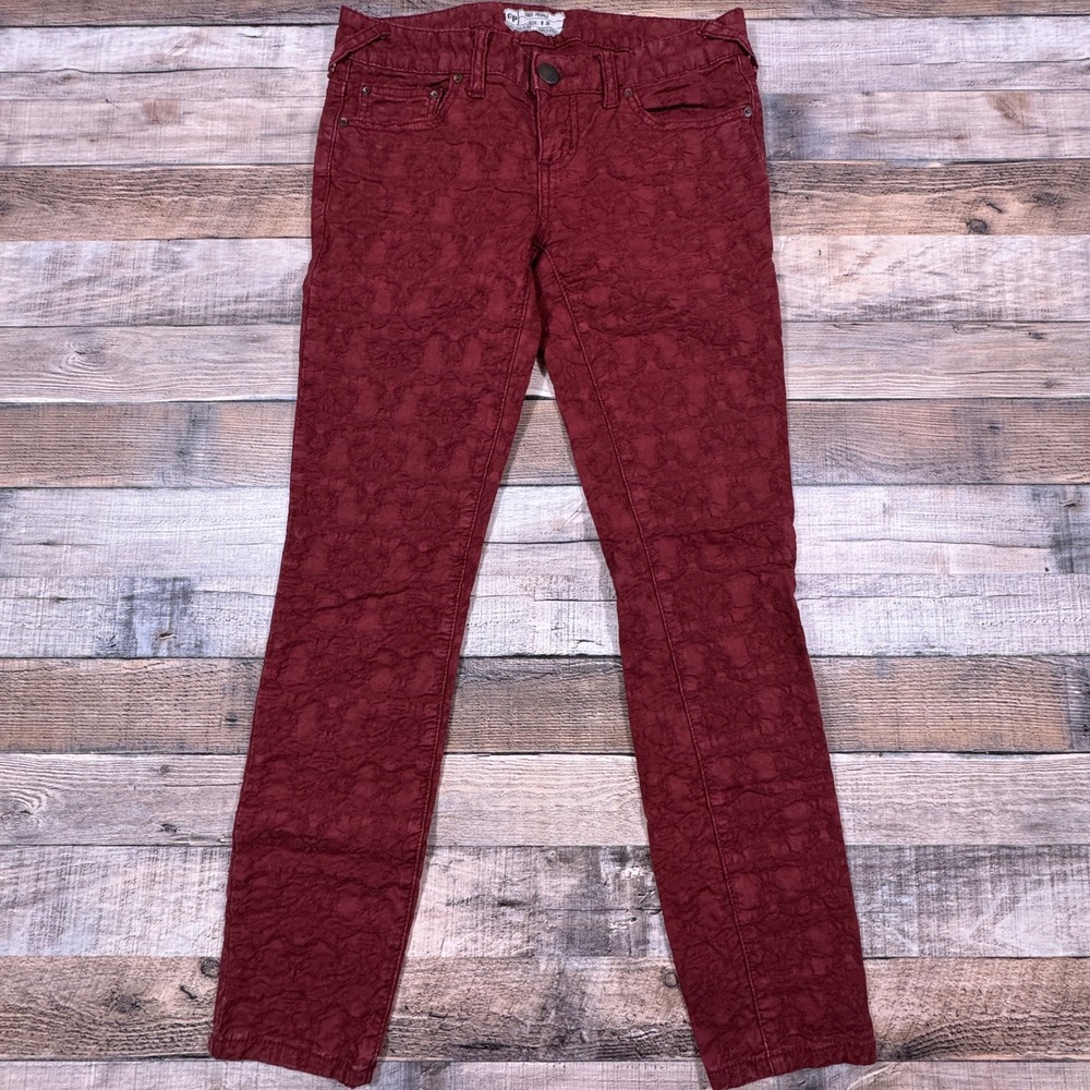 Free People Burgundy Floral Damask Jacquard Skinny Pants Size 26